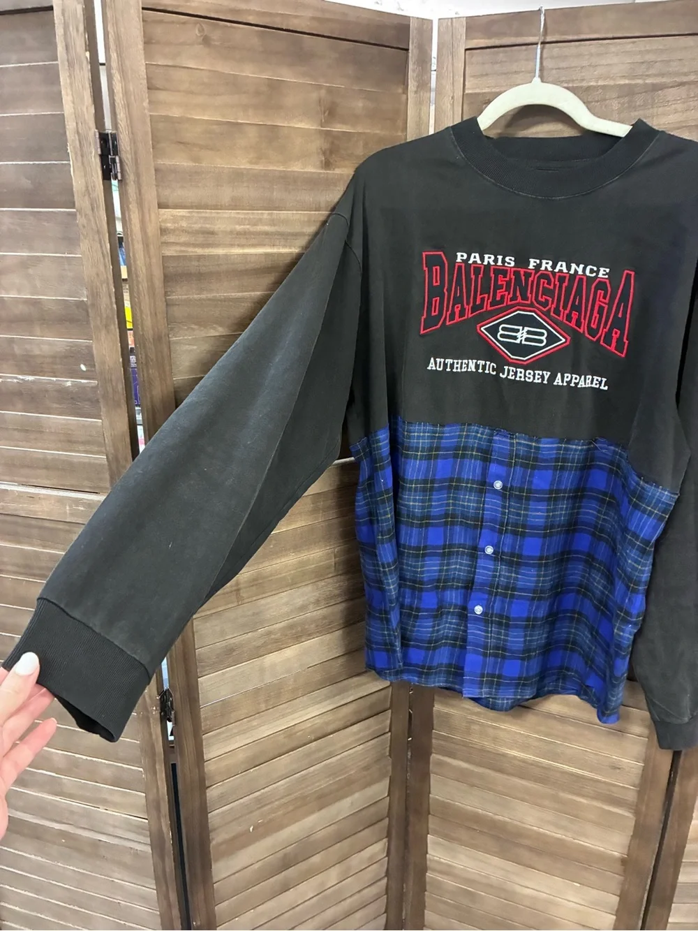 Balenciaga Black Sweatshirt with Blue Plaid Button-Front Panel - Picture 2 of 6